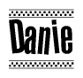 The image is a black and white clipart of the text Danie in a bold, italicized font. The text is bordered by a dotted line on the top and bottom, and there are checkered flags positioned at both ends of the text, usually associated with racing or finishing lines.