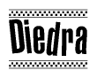 The image contains the text Diedra in a bold, stylized font, with a checkered flag pattern bordering the top and bottom of the text.