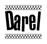 The image is a black and white clipart of the text Darel in a bold, italicized font. The text is bordered by a dotted line on the top and bottom, and there are checkered flags positioned at both ends of the text, usually associated with racing or finishing lines.