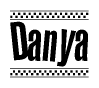 The image is a black and white clipart of the text Danya in a bold, italicized font. The text is bordered by a dotted line on the top and bottom, and there are checkered flags positioned at both ends of the text, usually associated with racing or finishing lines.