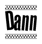 The image contains the text Dann in a bold, stylized font, with a checkered flag pattern bordering the top and bottom of the text.