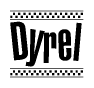 The image contains the text Dyrel in a bold, stylized font, with a checkered flag pattern bordering the top and bottom of the text.