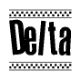 The image contains the text Delta in a bold, stylized font, with a checkered flag pattern bordering the top and bottom of the text.