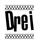 The clipart image displays the text Drei in a bold, stylized font. It is enclosed in a rectangular border with a checkerboard pattern running below and above the text, similar to a finish line in racing. 