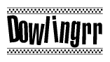The image is a black and white clipart of the text Dowlingrr in a bold, italicized font. The text is bordered by a dotted line on the top and bottom, and there are checkered flags positioned at both ends of the text, usually associated with racing or finishing lines.