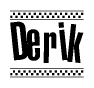 The image contains the text Derik in a bold, stylized font, with a checkered flag pattern bordering the top and bottom of the text.