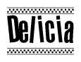 The image contains the text Delicia in a bold, stylized font, with a checkered flag pattern bordering the top and bottom of the text.