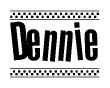 The image is a black and white clipart of the text Dennie in a bold, italicized font. The text is bordered by a dotted line on the top and bottom, and there are checkered flags positioned at both ends of the text, usually associated with racing or finishing lines.