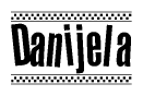 The clipart image displays the text Danijela in a bold, stylized font. It is enclosed in a rectangular border with a checkerboard pattern running below and above the text, similar to a finish line in racing. 