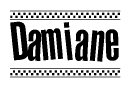 The image contains the text Damiane in a bold, stylized font, with a checkered flag pattern bordering the top and bottom of the text.