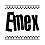 The clipart image displays the text Emex in a bold, stylized font. It is enclosed in a rectangular border with a checkerboard pattern running below and above the text, similar to a finish line in racing. 