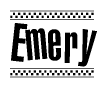 The image is a black and white clipart of the text Emery in a bold, italicized font. The text is bordered by a dotted line on the top and bottom, and there are checkered flags positioned at both ends of the text, usually associated with racing or finishing lines.
