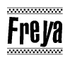 The image contains the text Freya in a bold, stylized font, with a checkered flag pattern bordering the top and bottom of the text.