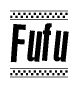 The image is a black and white clipart of the text Fufu in a bold, italicized font. The text is bordered by a dotted line on the top and bottom, and there are checkered flags positioned at both ends of the text, usually associated with racing or finishing lines.