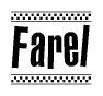 The image is a black and white clipart of the text Farel in a bold, italicized font. The text is bordered by a dotted line on the top and bottom, and there are checkered flags positioned at both ends of the text, usually associated with racing or finishing lines.