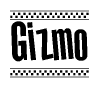 The clipart image displays the text Gizmo in a bold, stylized font. It is enclosed in a rectangular border with a checkerboard pattern running below and above the text, similar to a finish line in racing. 