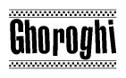 The image is a black and white clipart of the text Ghoroghi in a bold, italicized font. The text is bordered by a dotted line on the top and bottom, and there are checkered flags positioned at both ends of the text, usually associated with racing or finishing lines.
