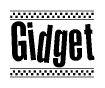 The clipart image displays the text Gidget in a bold, stylized font. It is enclosed in a rectangular border with a checkerboard pattern running below and above the text, similar to a finish line in racing. 