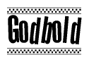 The image is a black and white clipart of the text Godbold in a bold, italicized font. The text is bordered by a dotted line on the top and bottom, and there are checkered flags positioned at both ends of the text, usually associated with racing or finishing lines.