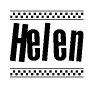 The image contains the text Helen in a bold, stylized font, with a checkered flag pattern bordering the top and bottom of the text.