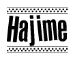 The image is a black and white clipart of the text Hajime in a bold, italicized font. The text is bordered by a dotted line on the top and bottom, and there are checkered flags positioned at both ends of the text, usually associated with racing or finishing lines.