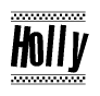 The image contains the text Holly in a bold, stylized font, with a checkered flag pattern bordering the top and bottom of the text.