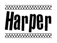 The image contains the text Harper in a bold, stylized font, with a checkered flag pattern bordering the top and bottom of the text.