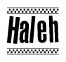 The image contains the text Haleh in a bold, stylized font, with a checkered flag pattern bordering the top and bottom of the text.