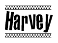 The clipart image displays the text Harvey in a bold, stylized font. It is enclosed in a rectangular border with a checkerboard pattern running below and above the text, similar to a finish line in racing. 