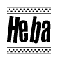 The image is a black and white clipart of the text Heba in a bold, italicized font. The text is bordered by a dotted line on the top and bottom, and there are checkered flags positioned at both ends of the text, usually associated with racing or finishing lines.