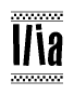The image contains the text Ilia in a bold, stylized font, with a checkered flag pattern bordering the top and bottom of the text.