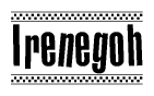 The clipart image displays the text Irenegoh in a bold, stylized font. It is enclosed in a rectangular border with a checkerboard pattern running below and above the text, similar to a finish line in racing. 