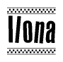The image is a black and white clipart of the text Ilona in a bold, italicized font. The text is bordered by a dotted line on the top and bottom, and there are checkered flags positioned at both ends of the text, usually associated with racing or finishing lines.