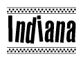 The image is a black and white clipart of the text Indiana in a bold, italicized font. The text is bordered by a dotted line on the top and bottom, and there are checkered flags positioned at both ends of the text, usually associated with racing or finishing lines.