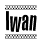 The image is a black and white clipart of the text Iwan in a bold, italicized font. The text is bordered by a dotted line on the top and bottom, and there are checkered flags positioned at both ends of the text, usually associated with racing or finishing lines.