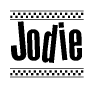 The clipart image displays the text Jodie in a bold, stylized font. It is enclosed in a rectangular border with a checkerboard pattern running below and above the text, similar to a finish line in racing. 