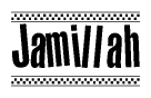 The image is a black and white clipart of the text Jamillah in a bold, italicized font. The text is bordered by a dotted line on the top and bottom, and there are checkered flags positioned at both ends of the text, usually associated with racing or finishing lines.
