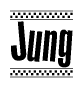 The image contains the text Jung in a bold, stylized font, with a checkered flag pattern bordering the top and bottom of the text.