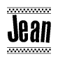 The image contains the text Jean in a bold, stylized font, with a checkered flag pattern bordering the top and bottom of the text.