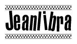 The image is a black and white clipart of the text Jeanlibra in a bold, italicized font. The text is bordered by a dotted line on the top and bottom, and there are checkered flags positioned at both ends of the text, usually associated with racing or finishing lines.