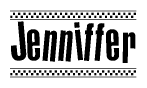 The image is a black and white clipart of the text Jenniffer in a bold, italicized font. The text is bordered by a dotted line on the top and bottom, and there are checkered flags positioned at both ends of the text, usually associated with racing or finishing lines.