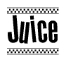 The clipart image displays the text Juice in a bold, stylized font. It is enclosed in a rectangular border with a checkerboard pattern running below and above the text, similar to a finish line in racing. 