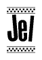 The image is a black and white clipart of the text Jel in a bold, italicized font. The text is bordered by a dotted line on the top and bottom, and there are checkered flags positioned at both ends of the text, usually associated with racing or finishing lines.