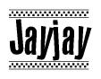 The clipart image displays the text Jayjay in a bold, stylized font. It is enclosed in a rectangular border with a checkerboard pattern running below and above the text, similar to a finish line in racing. 