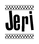 The image contains the text Jeri in a bold, stylized font, with a checkered flag pattern bordering the top and bottom of the text.