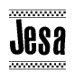The image is a black and white clipart of the text Jesa in a bold, italicized font. The text is bordered by a dotted line on the top and bottom, and there are checkered flags positioned at both ends of the text, usually associated with racing or finishing lines.