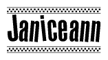 The image contains the text Janiceann in a bold, stylized font, with a checkered flag pattern bordering the top and bottom of the text.