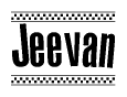 The image is a black and white clipart of the text Jeevan in a bold, italicized font. The text is bordered by a dotted line on the top and bottom, and there are checkered flags positioned at both ends of the text, usually associated with racing or finishing lines.