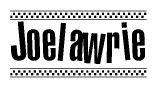 The clipart image displays the text Joelawrie in a bold, stylized font. It is enclosed in a rectangular border with a checkerboard pattern running below and above the text, similar to a finish line in racing. 
