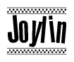 The image contains the text Joylin in a bold, stylized font, with a checkered flag pattern bordering the top and bottom of the text.
